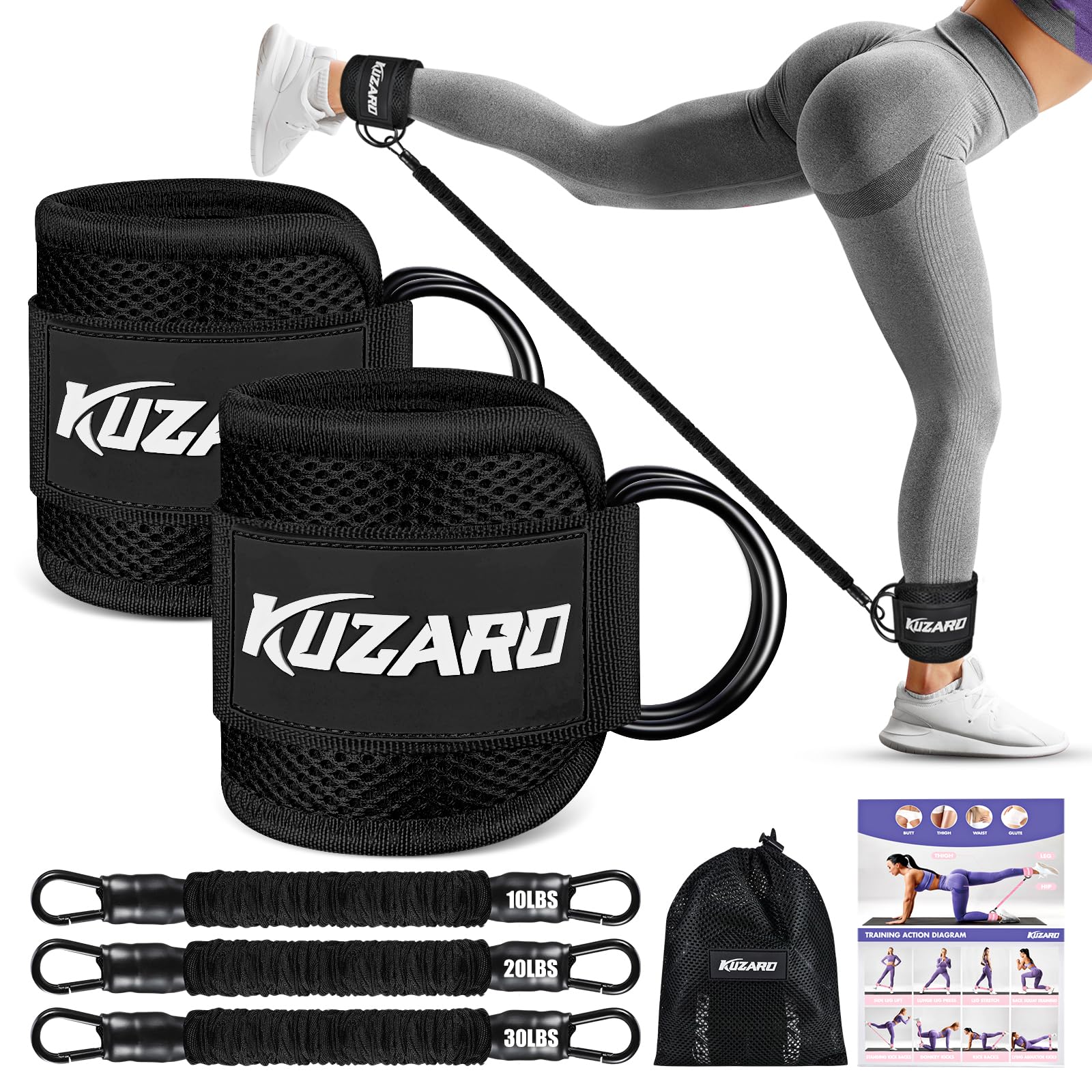 Resistance bands with ankle straps by Craques for leg and glute workouts with three resistance levels and carrying bag