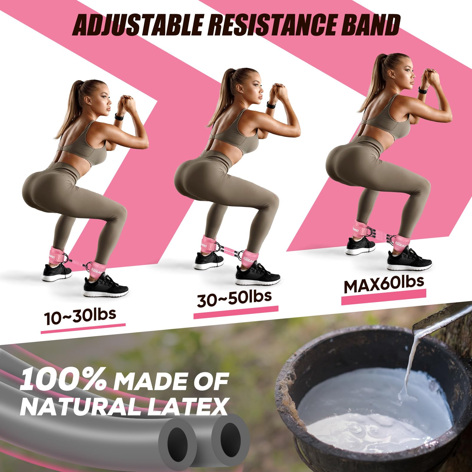 Adjustable resistance bands with ankle straps shown in three strength levels for squats and natural latex material close-up