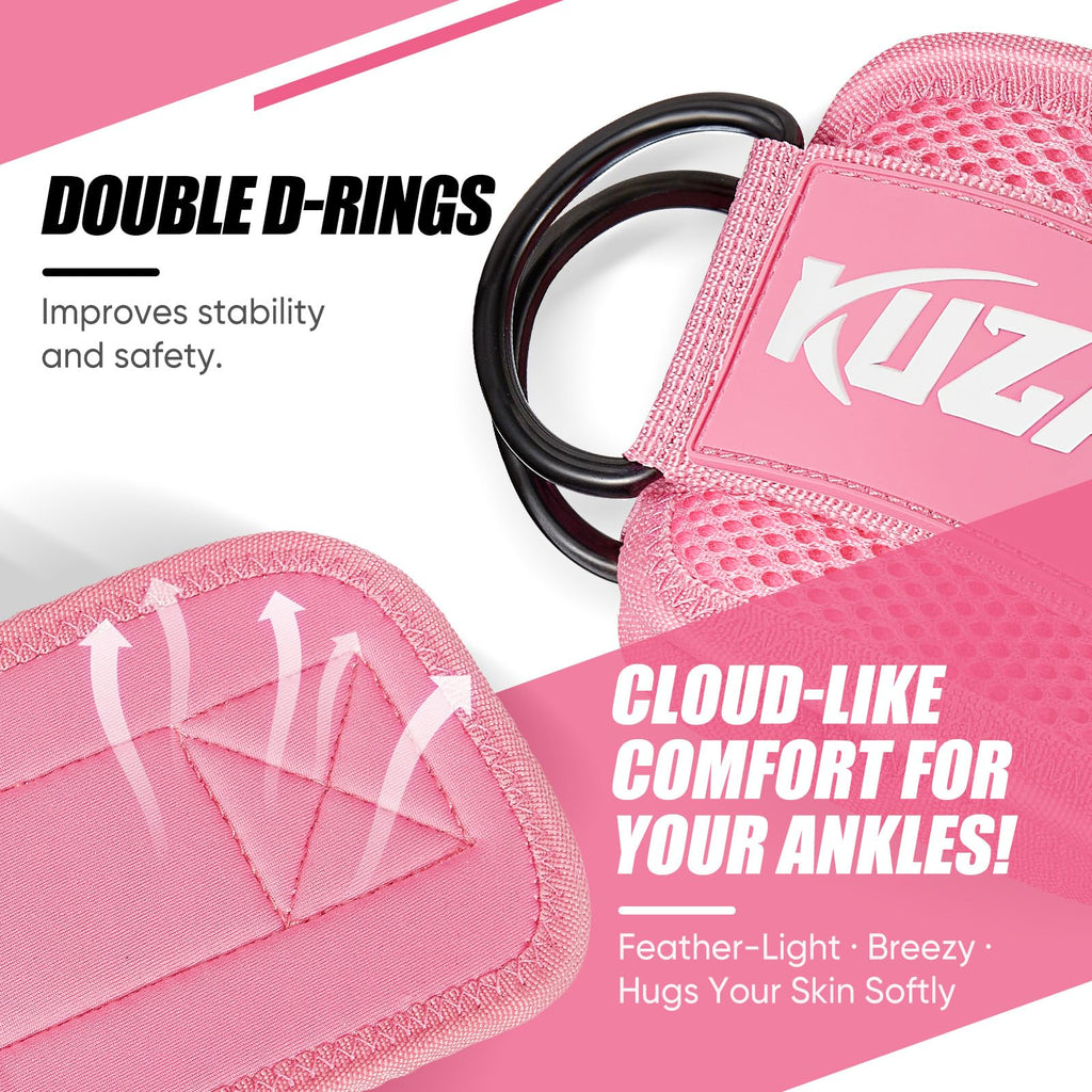 Pink resistance bands with ankle straps featuring double D-rings for stability and cloud-like comfort