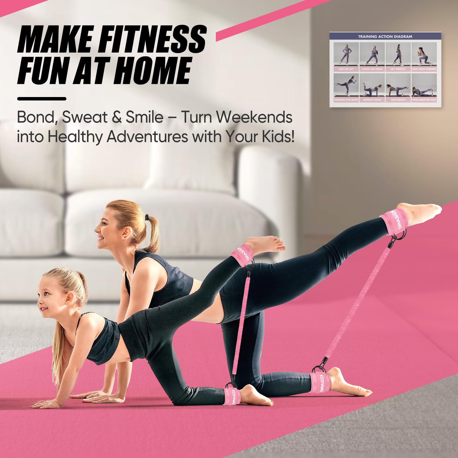 craques resistance bands with ankle straps used by woman and girl exercising on pink mat at home