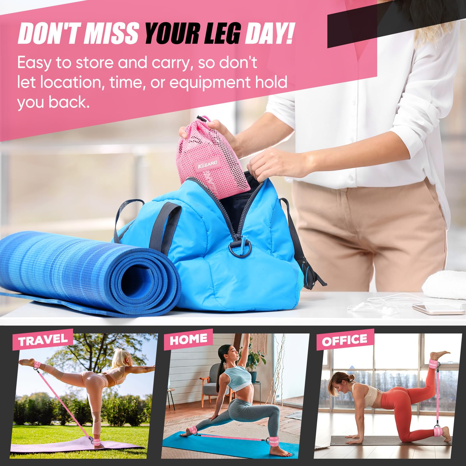 Resistance bands with ankle straps in pink stored in blue gym bag with yoga mat and workout scenes for leg exercises