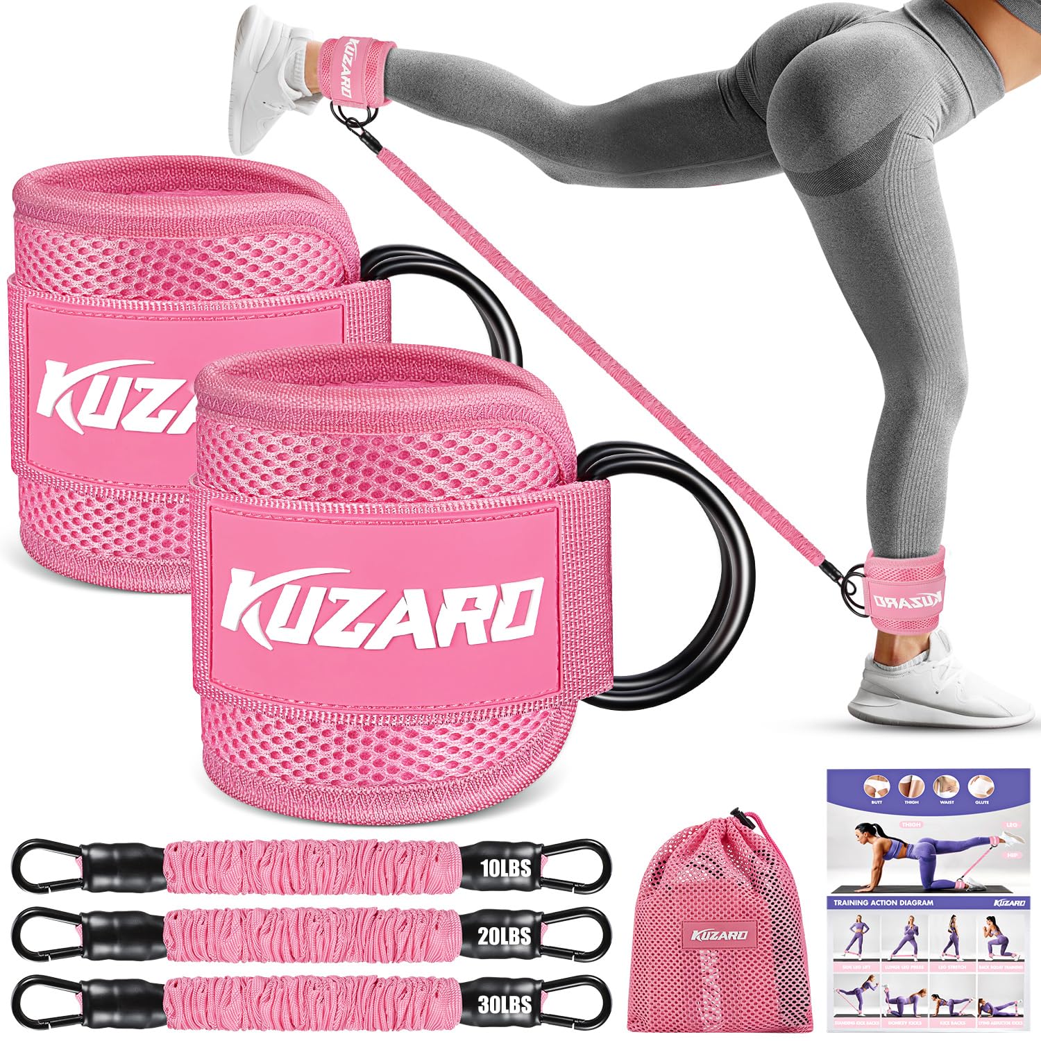 Pink resistance bands with ankle straps by craques for leg and glute workouts with varying resistance levels