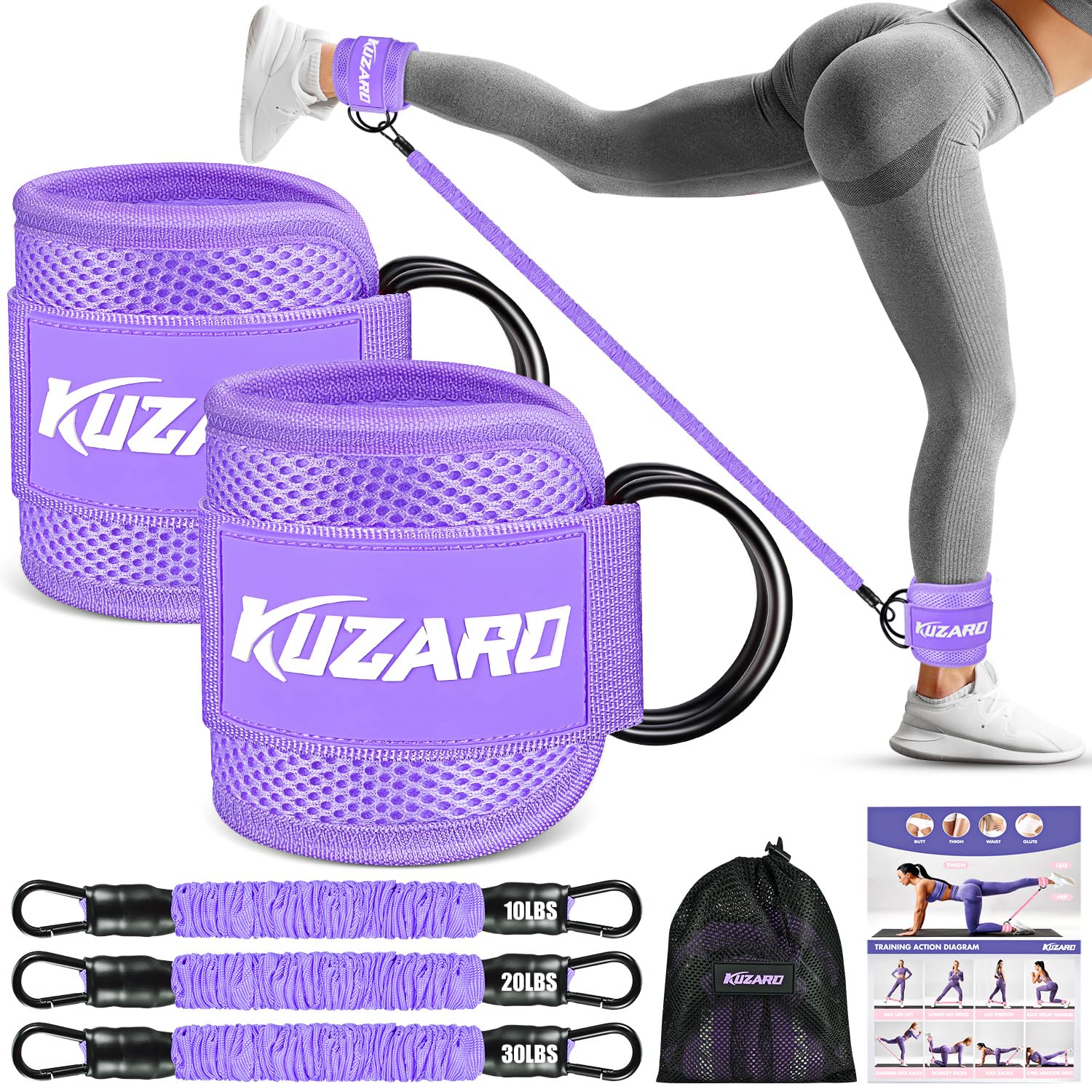 Purple resistance bands with ankle straps by craques including three resistance levels and a mesh carrying bag