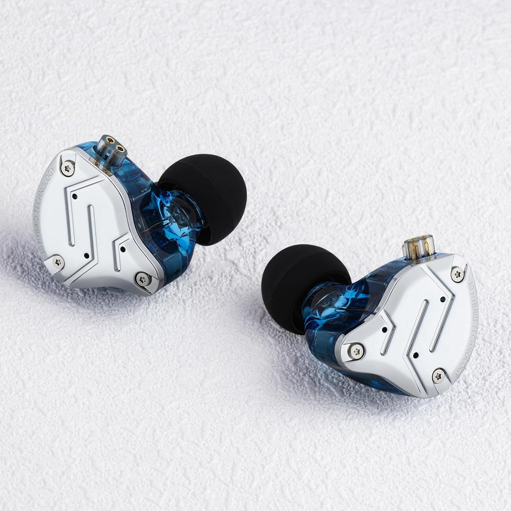 Craques hybrid in ear monitors for musicians with blue transparent and silver design on white background