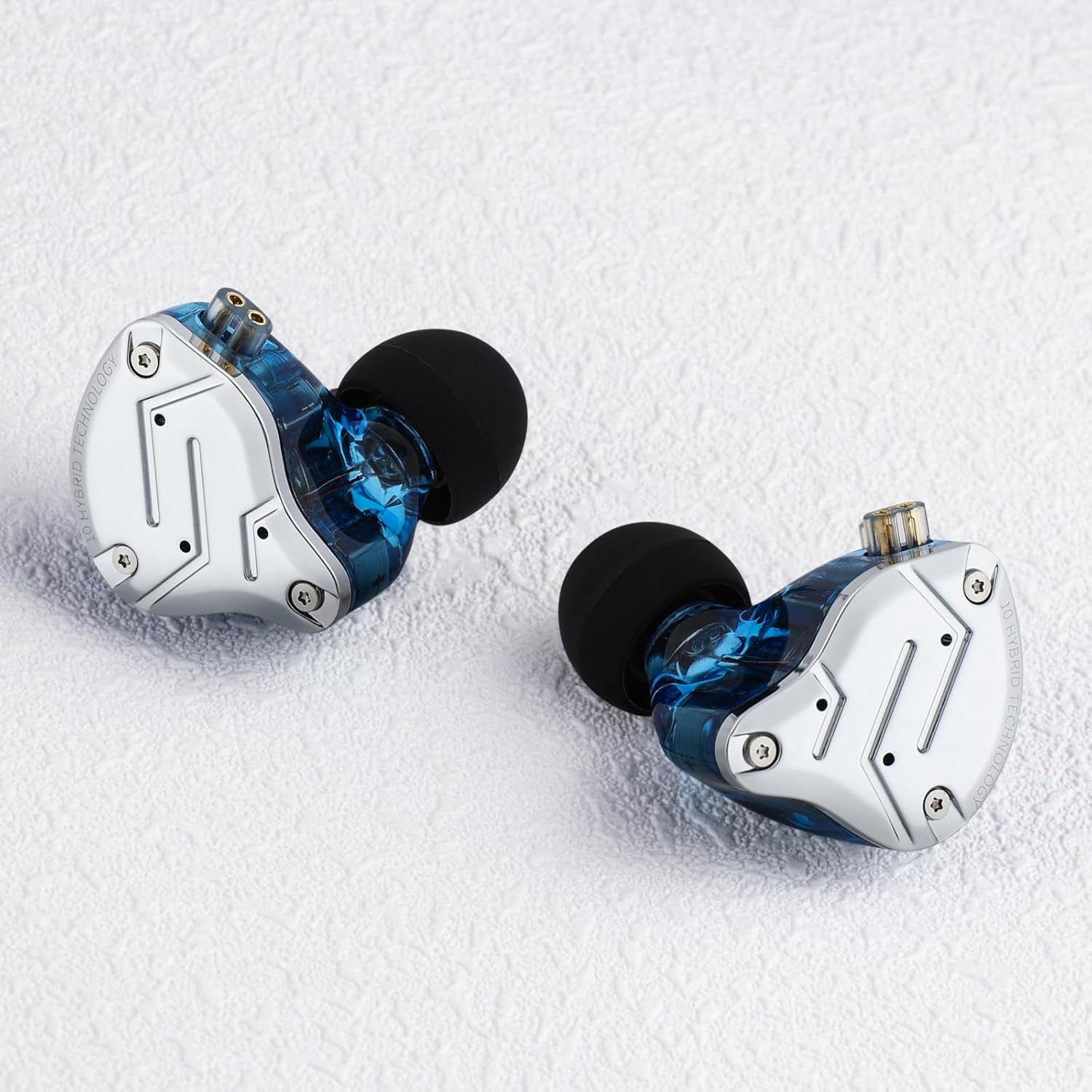 Craques hybrid in ear monitors for musicians with blue transparent and silver design on white background