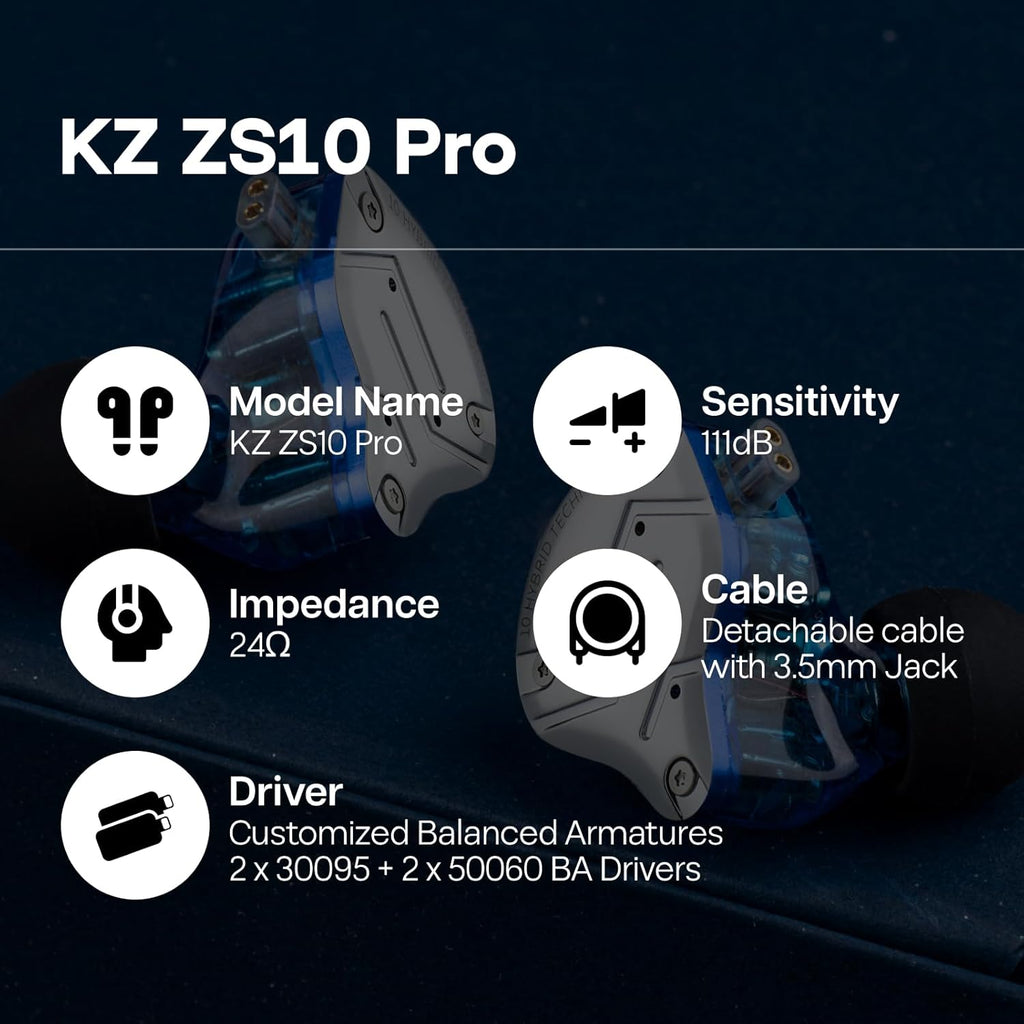 KZ ZS10 Pro hybrid in ear monitors for musicians with balanced armature drivers and detachable cable