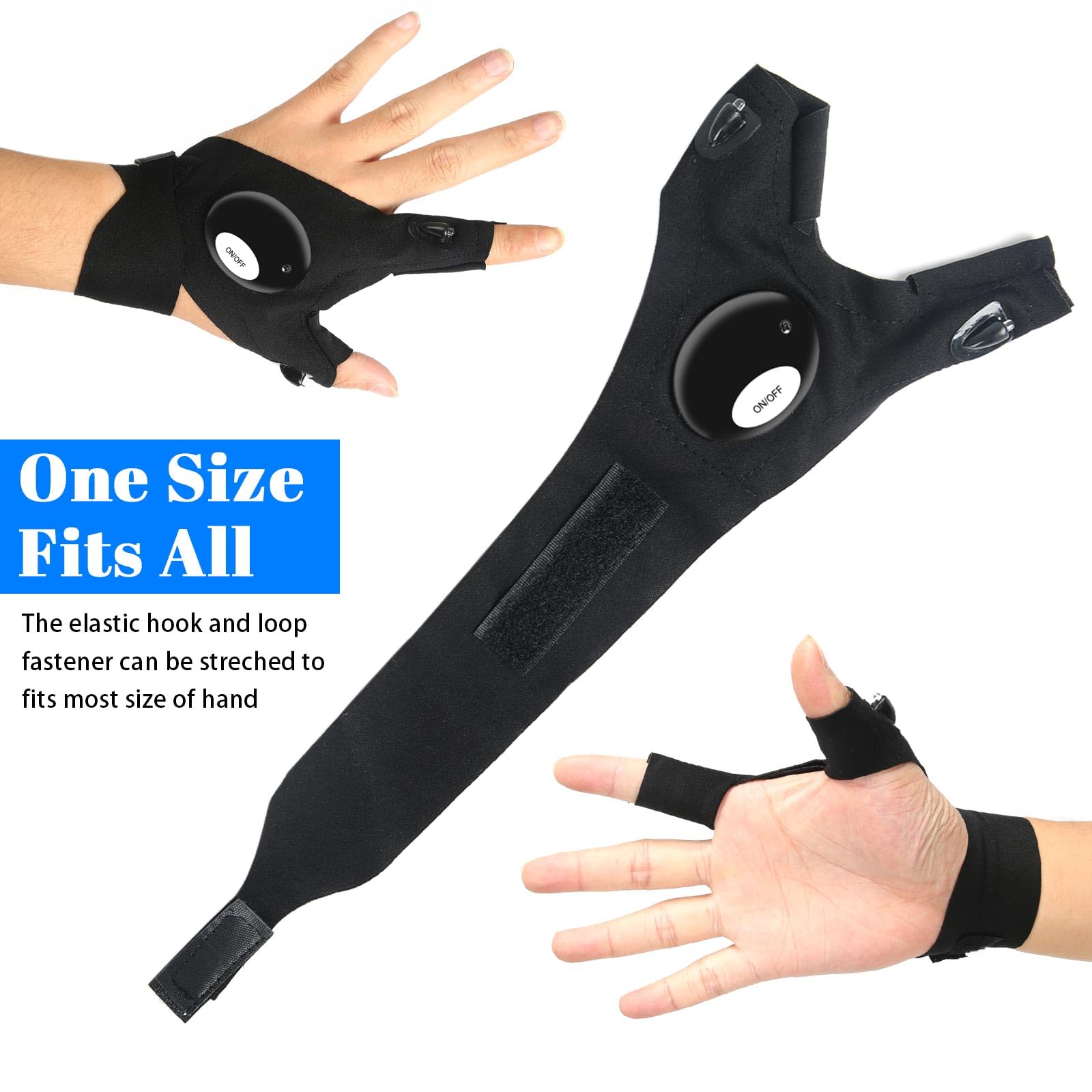 Black LED flashlight gloves for dad with elastic hook and loop fastener, one size fits all