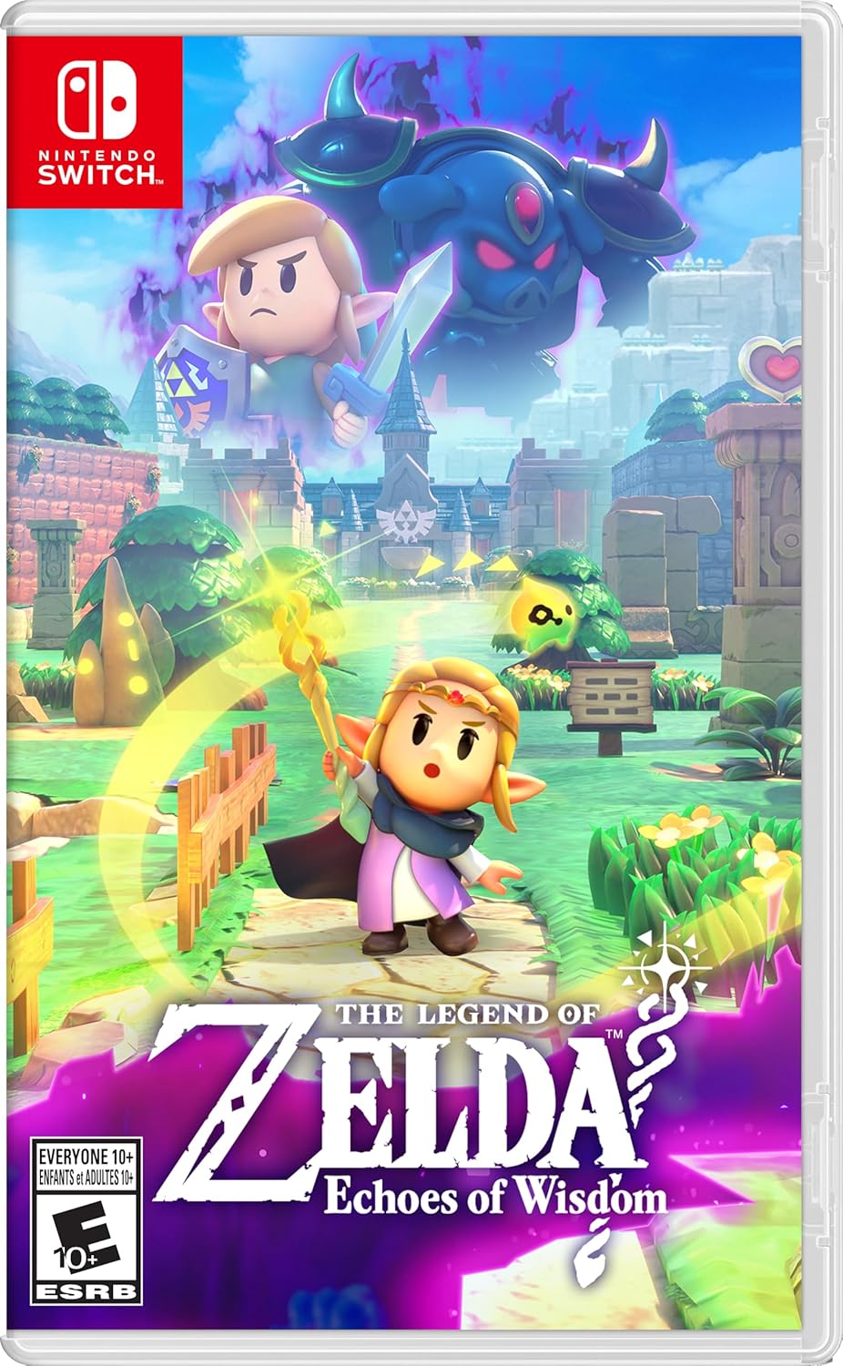 Legend of Zelda Echoes of Wisdom Switch game cover featuring animated characters in a colorful fantasy landscape