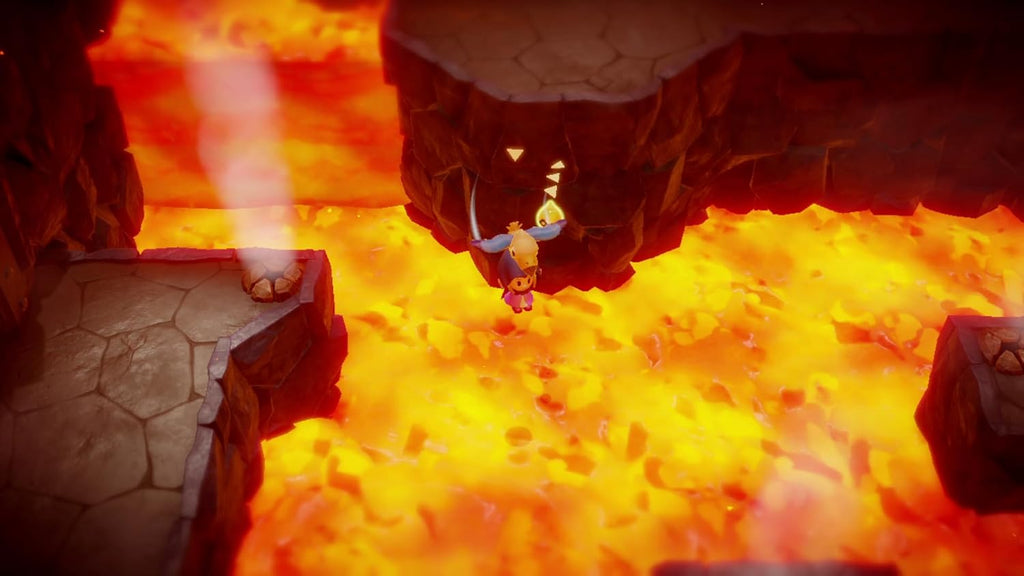 Screenshot from Legend of Zelda Echoes of Wisdom Switch showing character hanging over a lava pit with rocky platforms