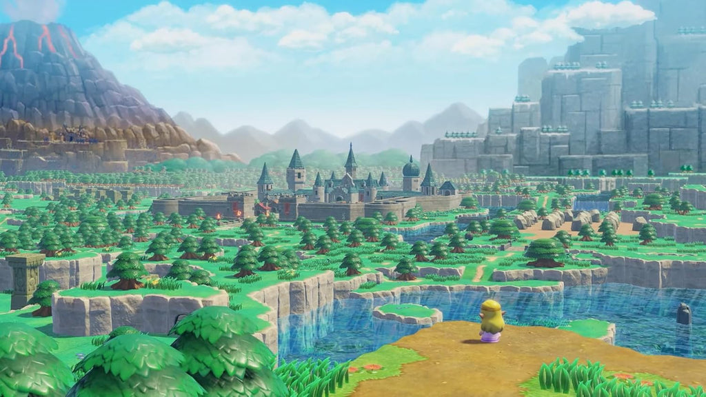 Scenic landscape from Legend of Zelda Echoes of Wisdom Switch featuring castle, mountains, and lush greenery