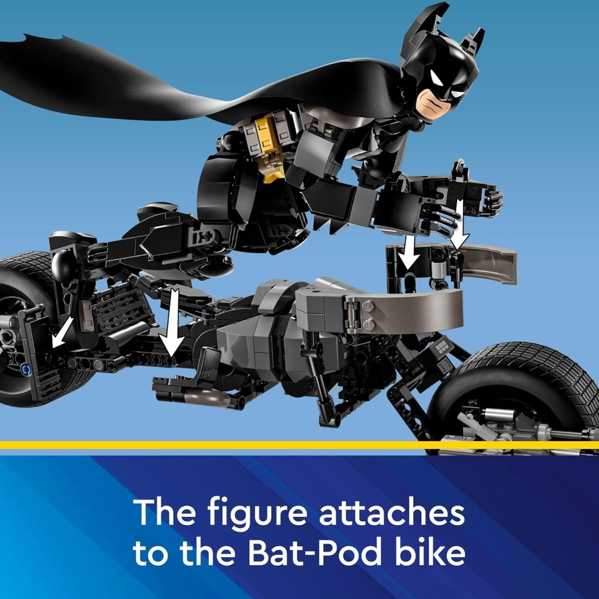 LEGO Batman Bat-Pod bike set showing Batman figure attaching to the black Bat-Pod motorcycle