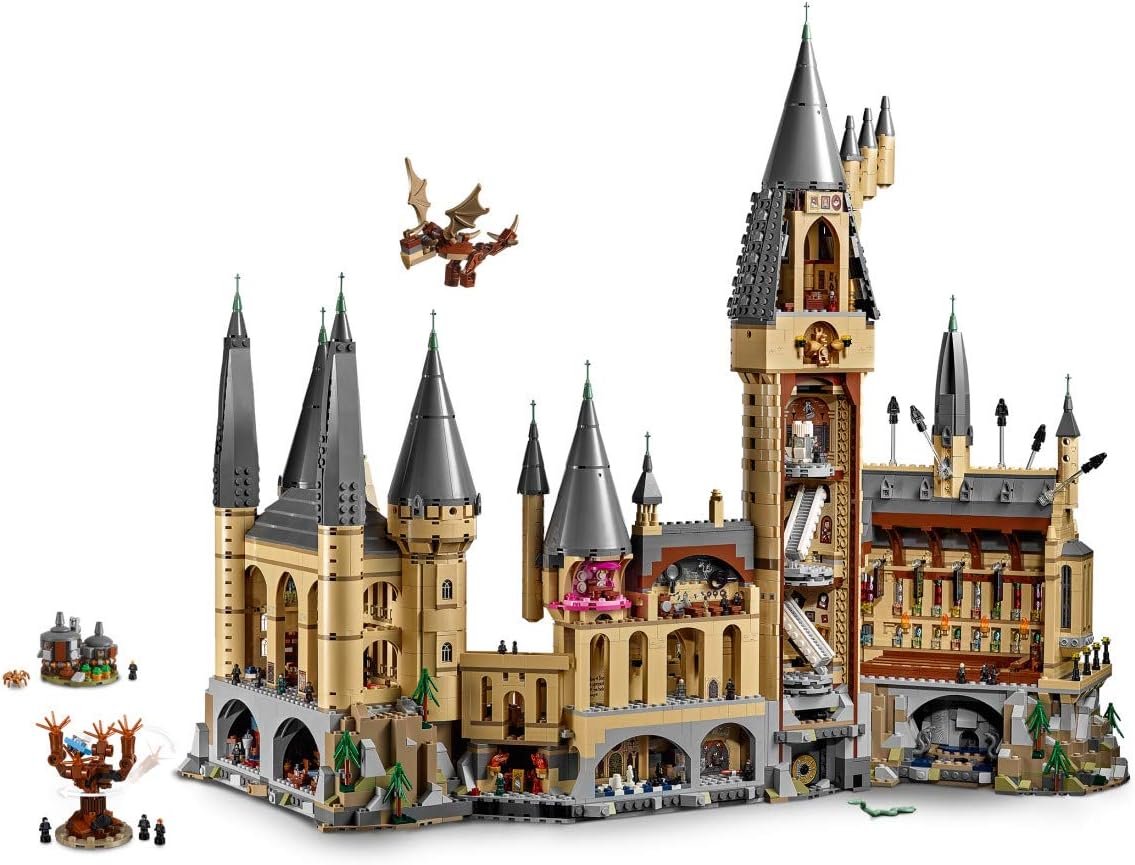 Detailed LEGO Harry Potter Hogwarts Castle set with multiple towers and flying dragon figure