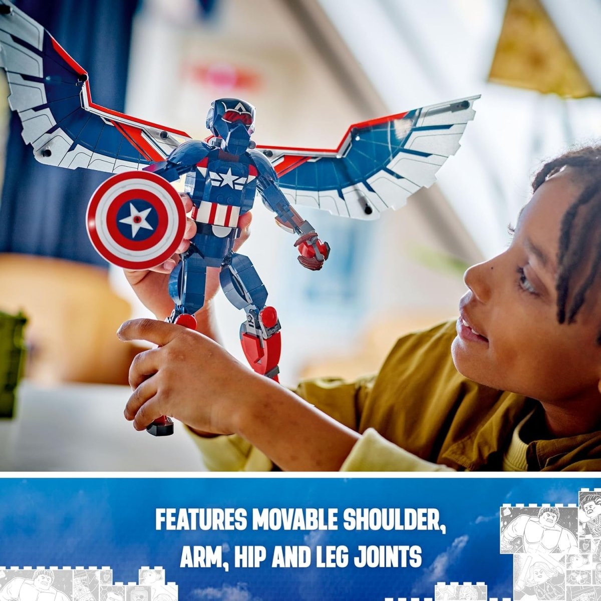 Child playing with articulated LEGO Marvel Captain America figure with movable wings and shield