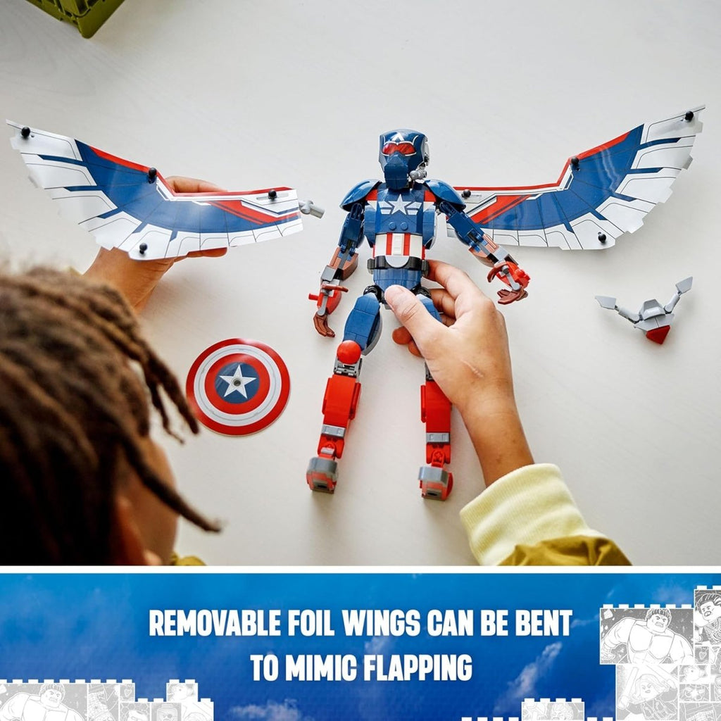 LEGO Marvel Captain America figure with removable foil wings and shield being assembled by child