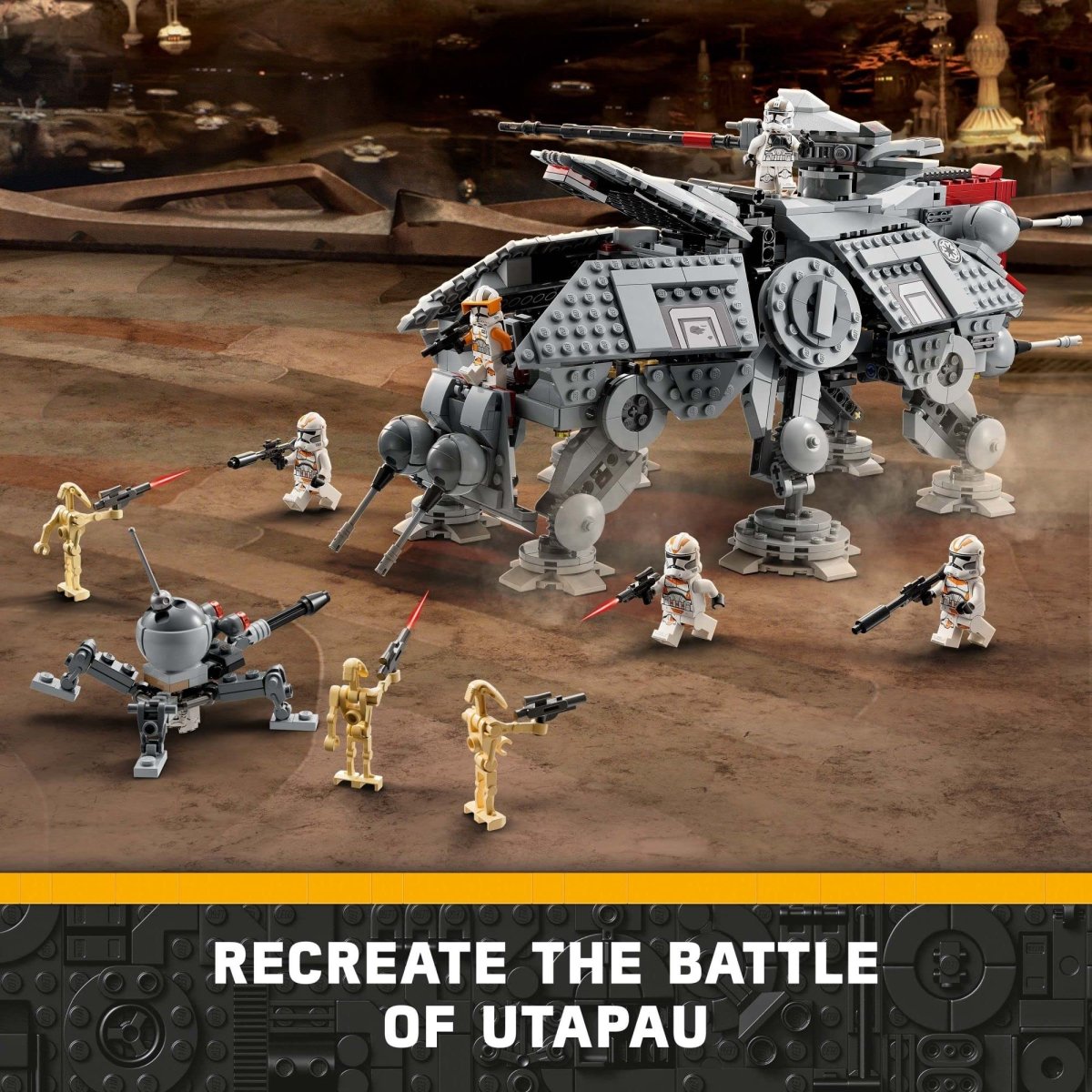 LEGO Star Wars AT-TE Walker set with battle droids and clone troopers in Utapau desert scene
