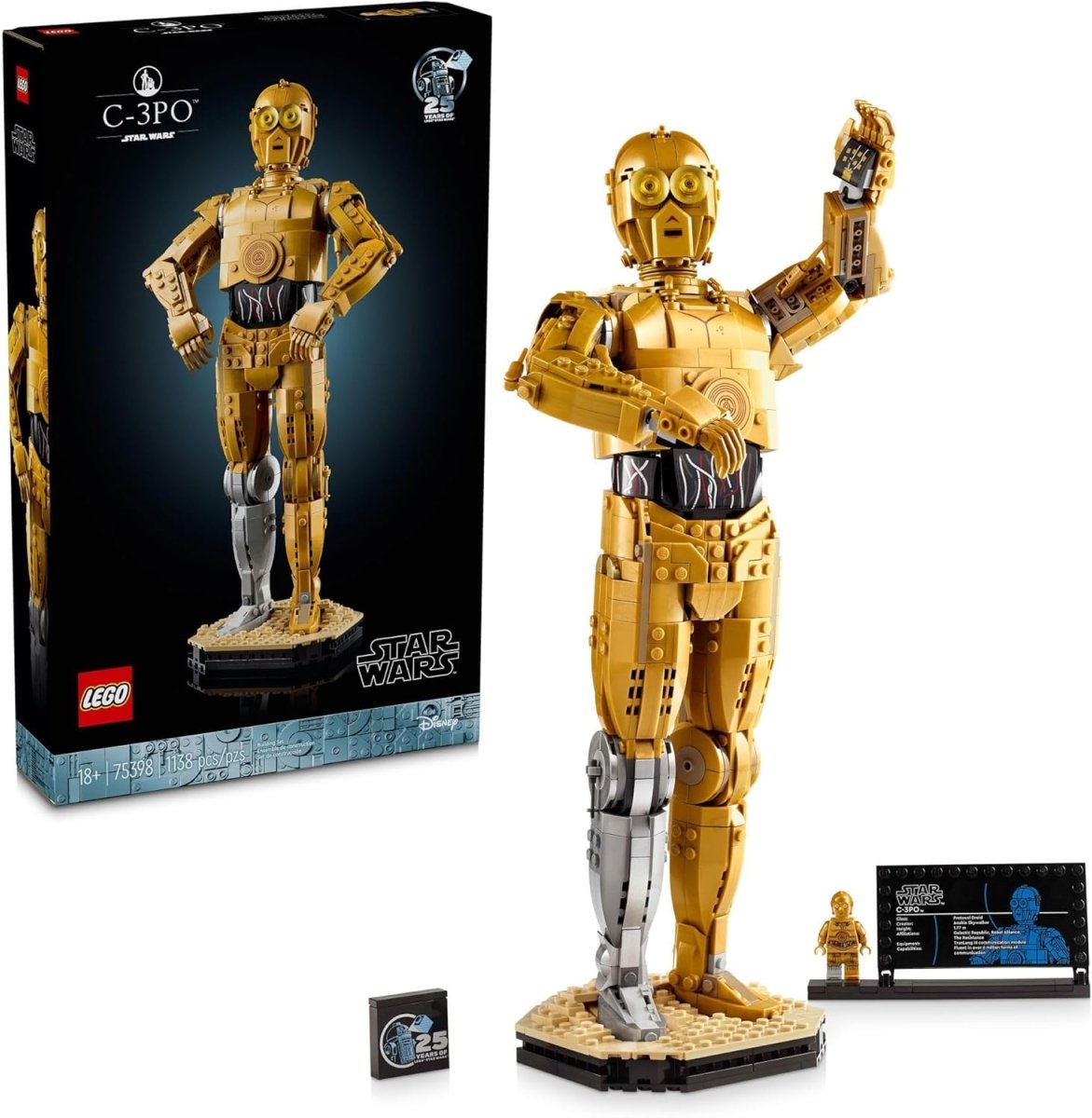 LEGO Star Wars C-3PO droid figure complete set with detailed gold and silver build and display stand