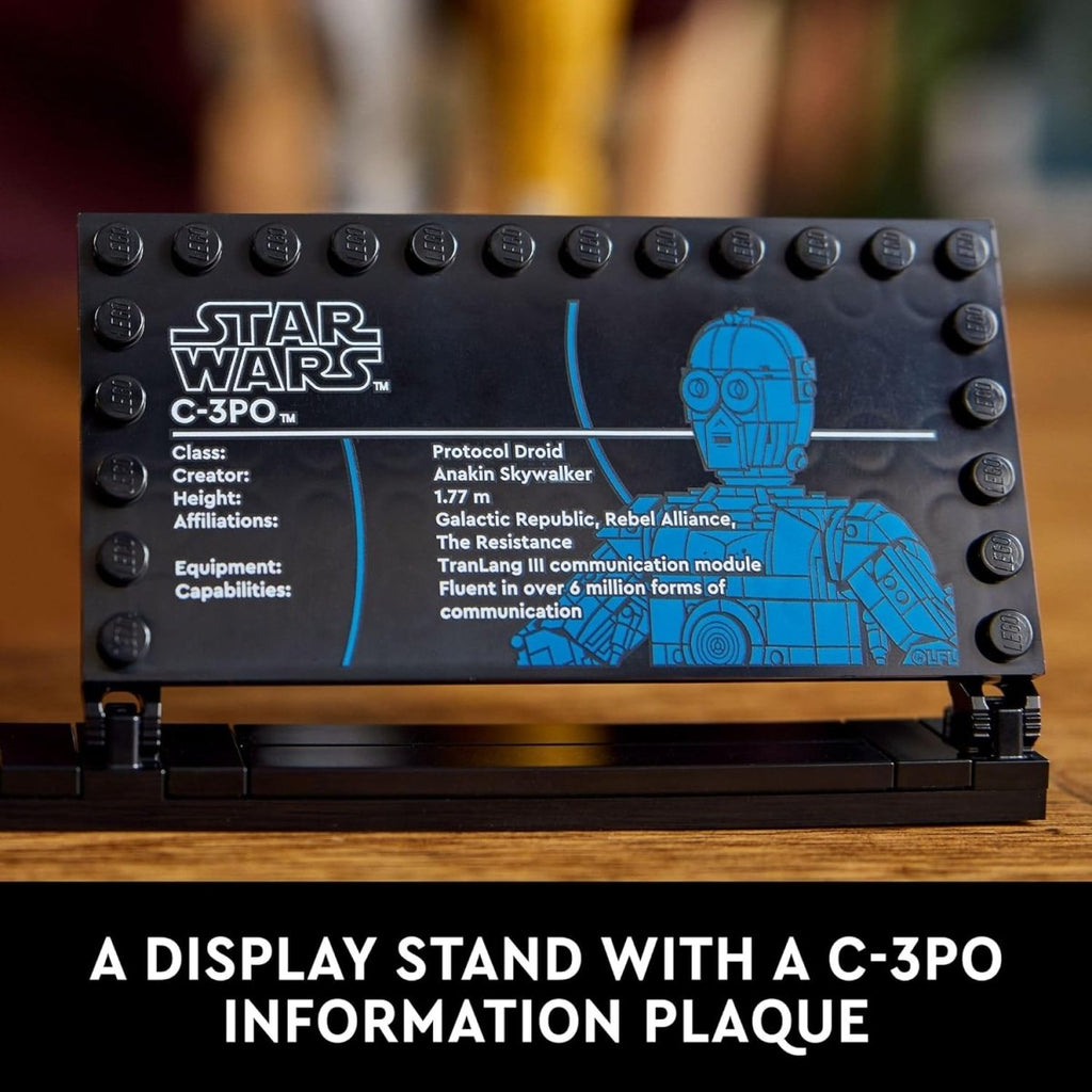 LEGO Star Wars C-3PO droid figure display stand with detailed information plaque