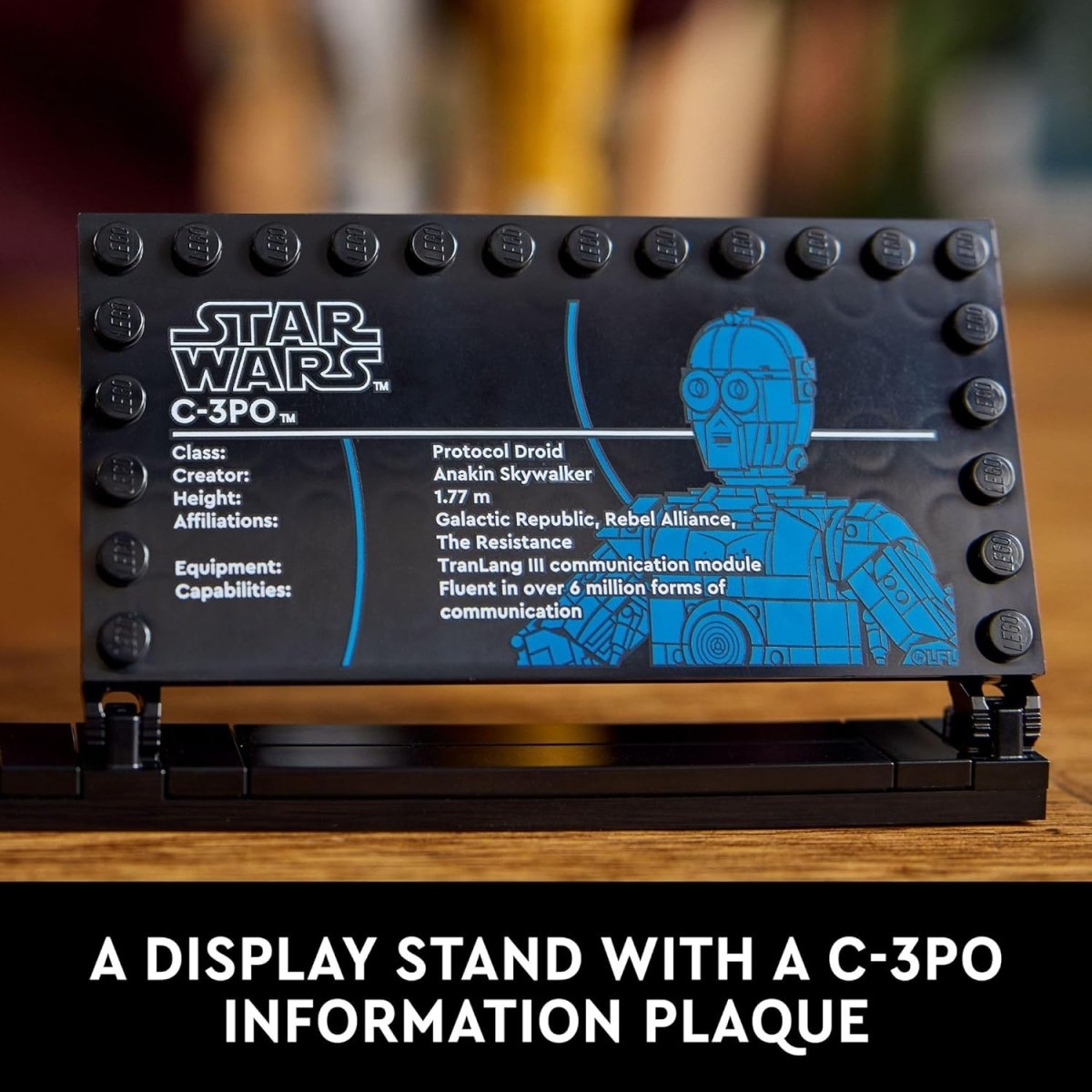 LEGO Star Wars C-3PO droid figure display stand with detailed information plaque