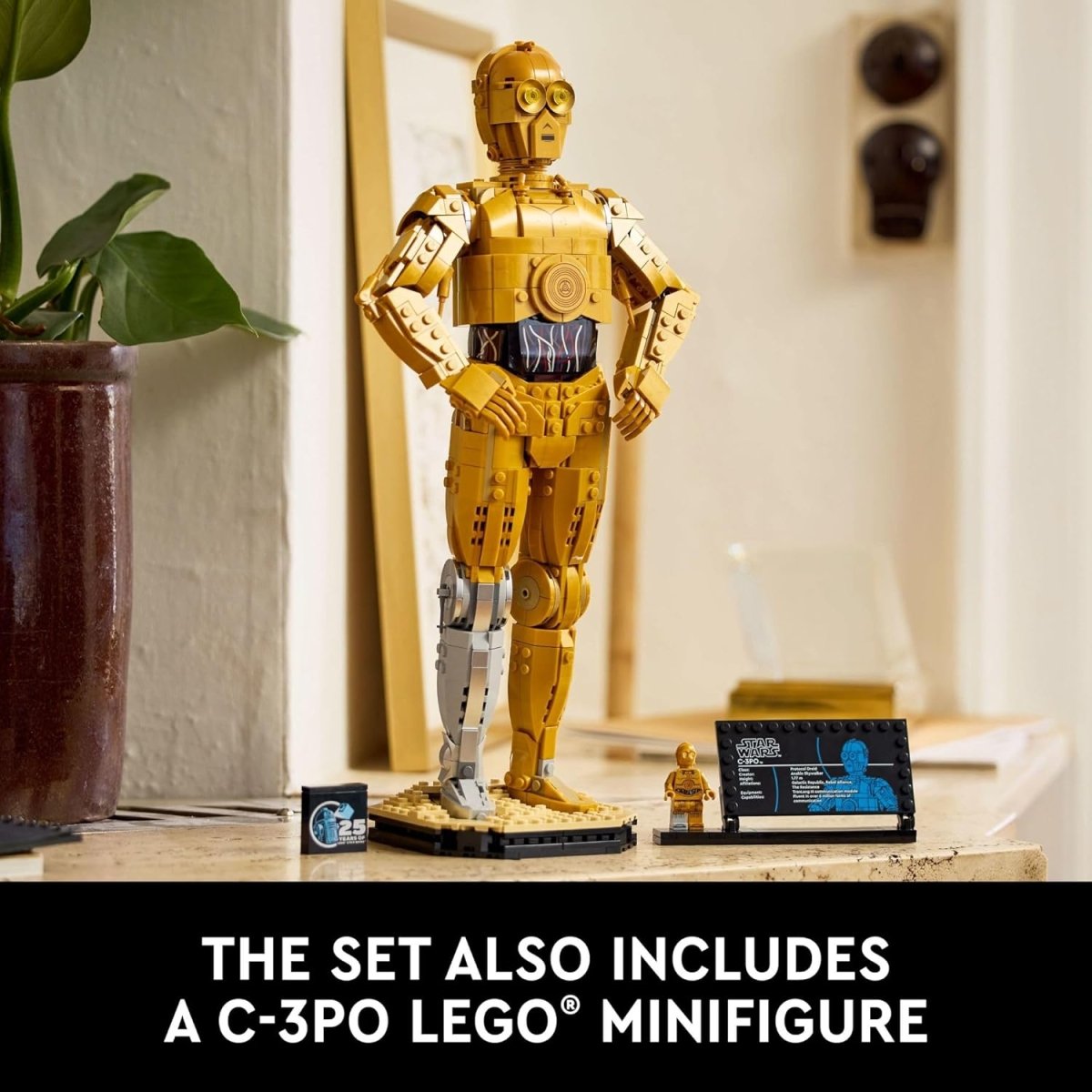 LEGO Star Wars C-3PO droid figure displayed on a table with mini minifigure and info plaque