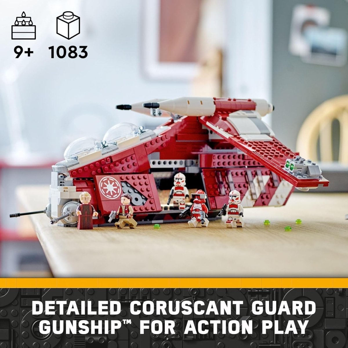 LEGO Star Wars Coruscant Guard Gunship with minifigures on table for action play