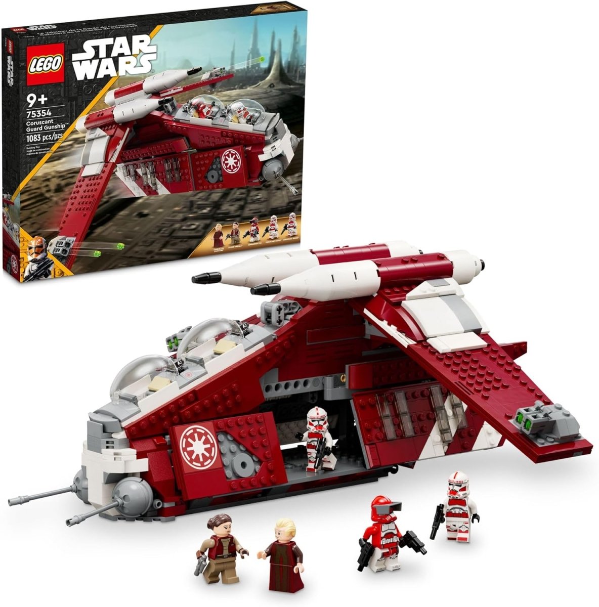 LEGO Star Wars Coruscant Guard Gunship building set with minifigures and detailed red and white gunship model