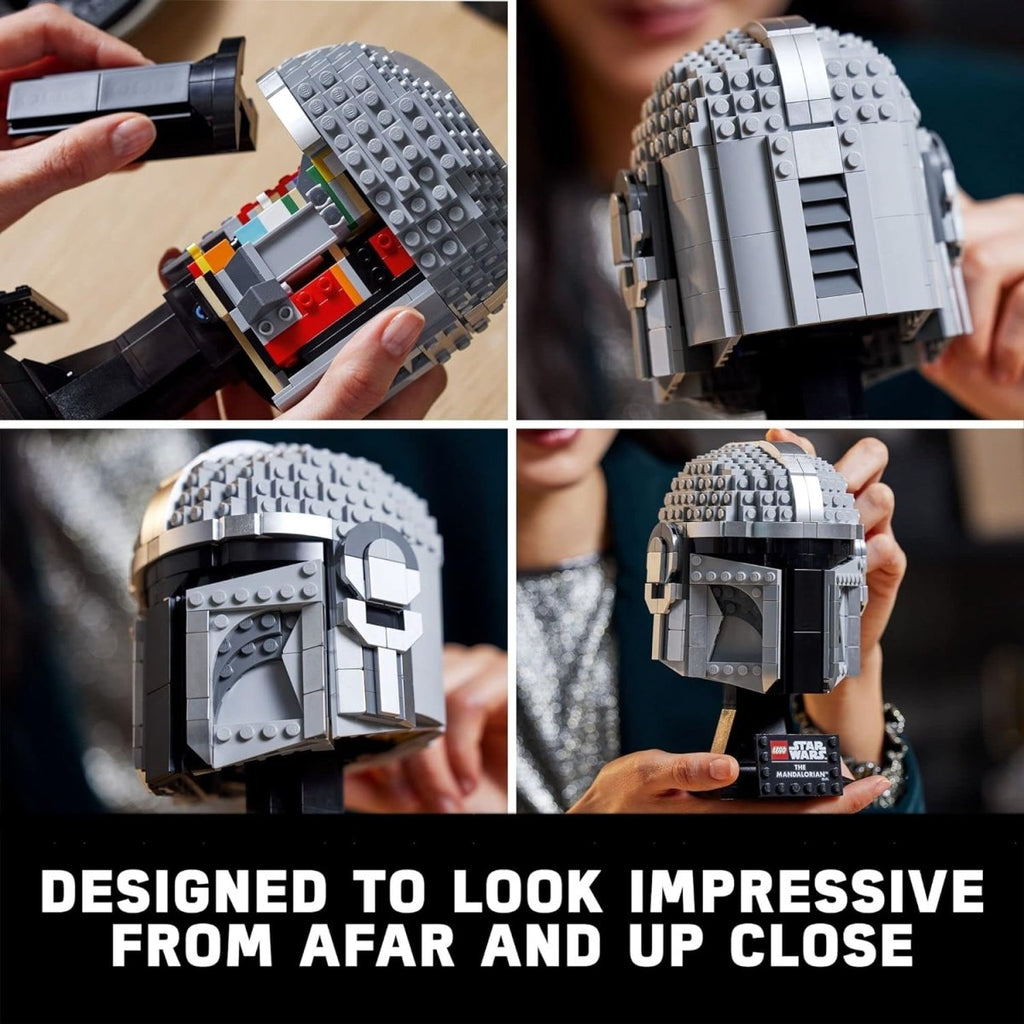 LEGO Star Wars Mandalorian helmet model showing detailed build and close-up views held by hands