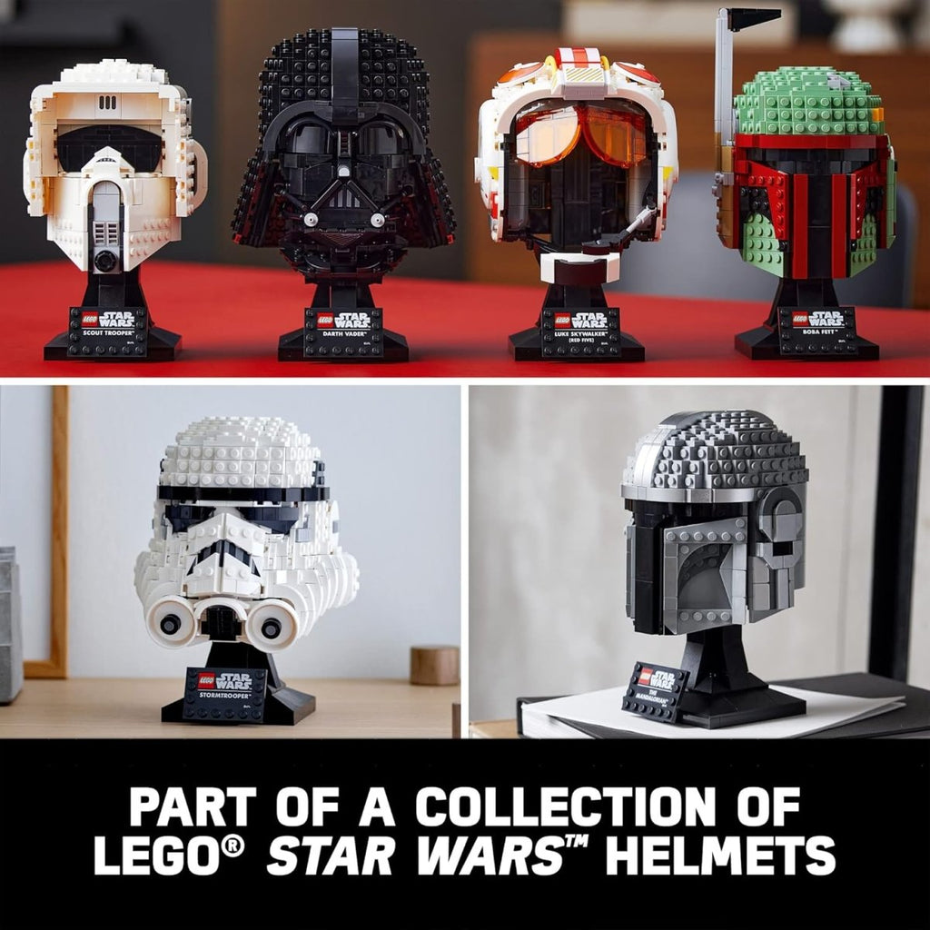 LEGO Star Wars Mandalorian helmet displayed with other Star Wars helmets in a collectible set