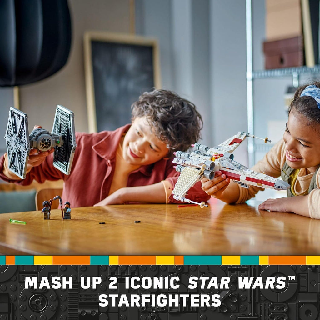 Children playing with LEGO Star Wars mash-up set featuring iconic Starfighters on wooden table
