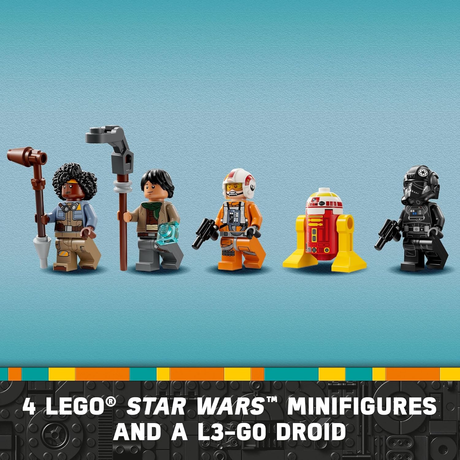 LEGO Star Wars mash-up set featuring four minifigures and an L3-G0 droid on a blue background