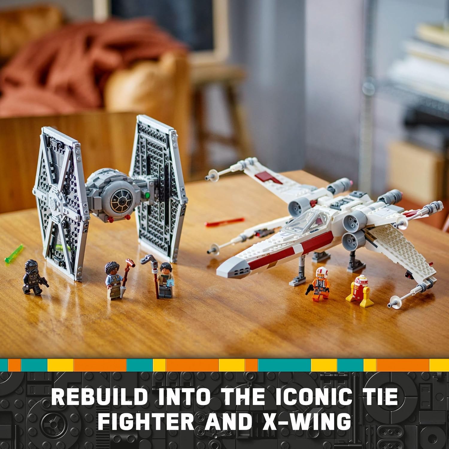 LEGO Star Wars mash-up set featuring TIE Fighter and X-Wing models with minifigures on a wooden table