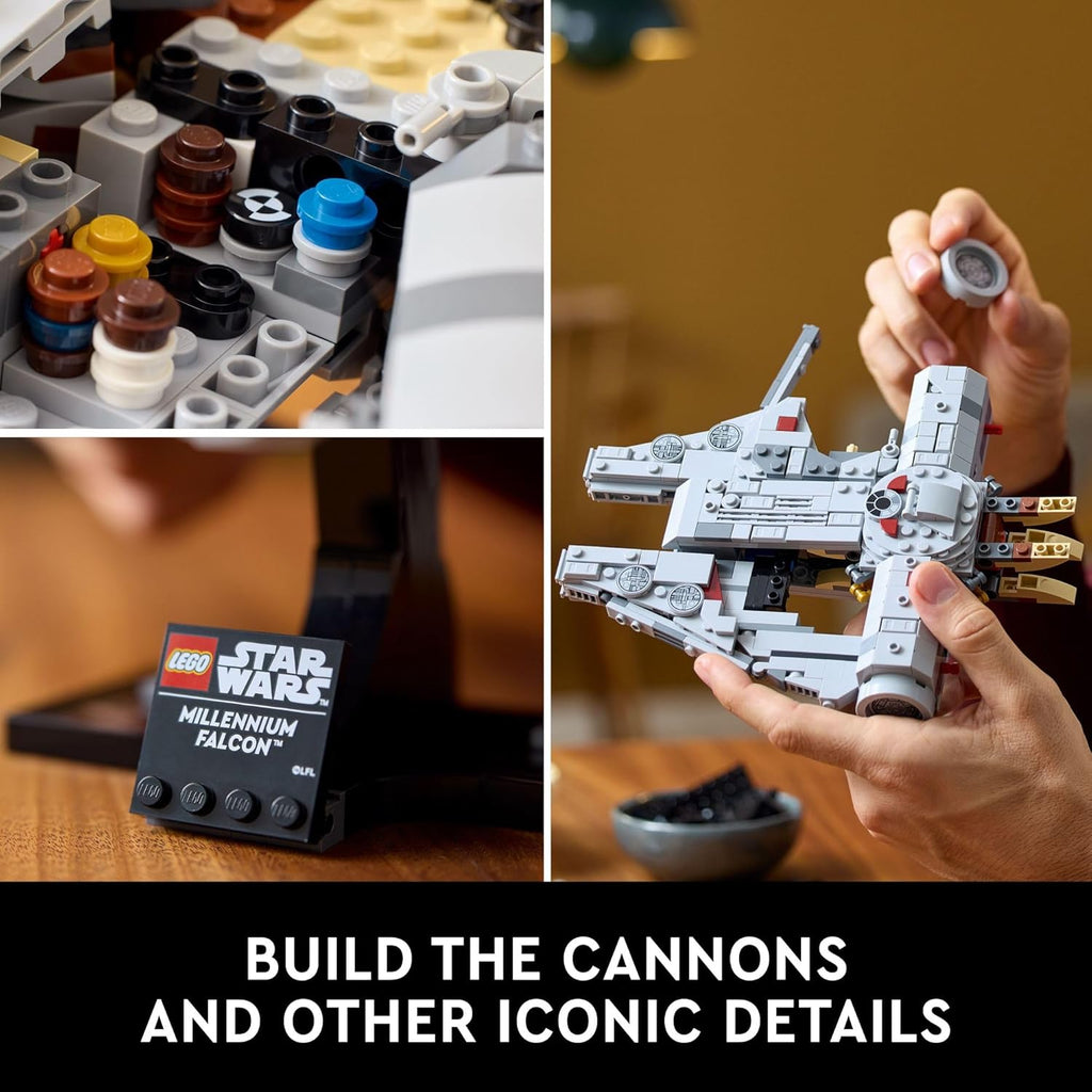Detailed close-up of the LEGO Star Wars Millennium Falcon set showing cannons and iconic build features
