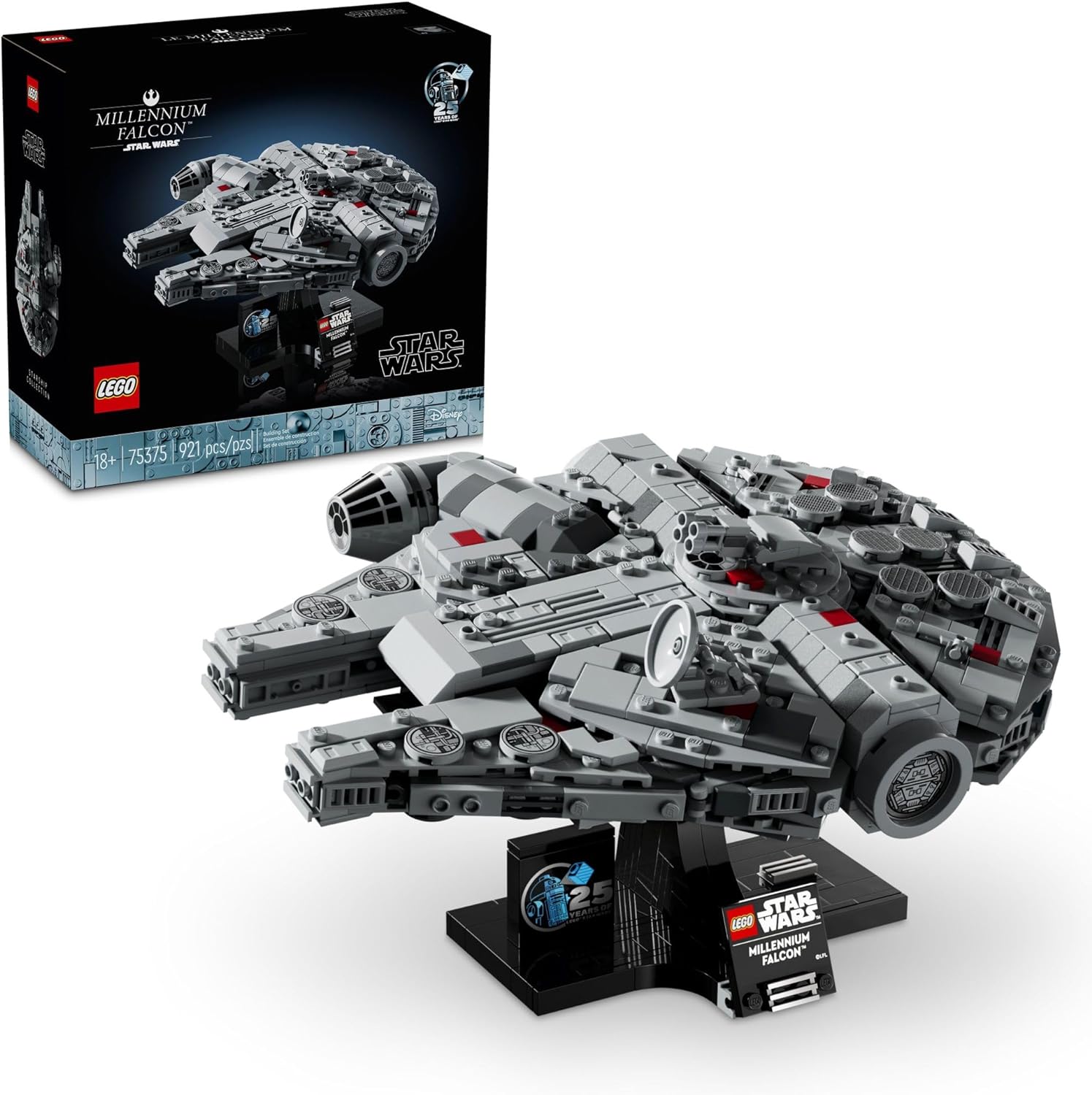 LEGO Star Wars Millennium Falcon set model with display stand and original packaging box