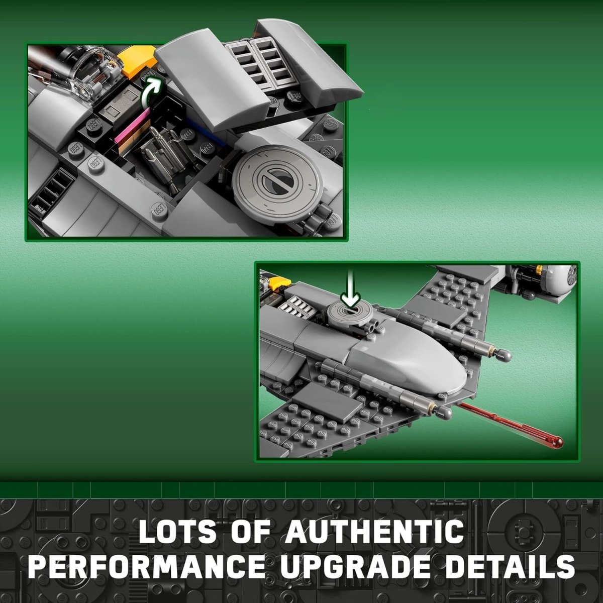 Close-up details of LEGO Star Wars N-1 Starfighter set showing authentic performance upgrade features