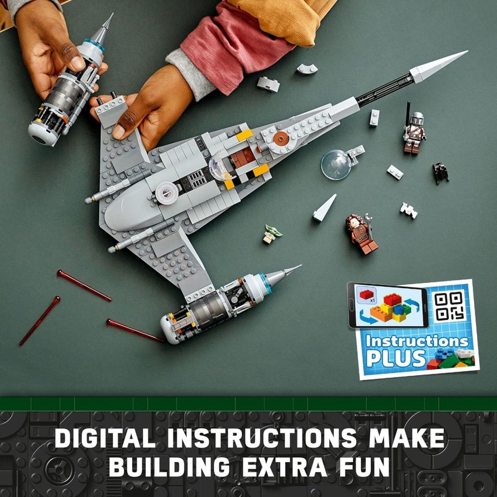 Hands assembling LEGO Star Wars N-1 Starfighter set with digital instructions and character minifigures