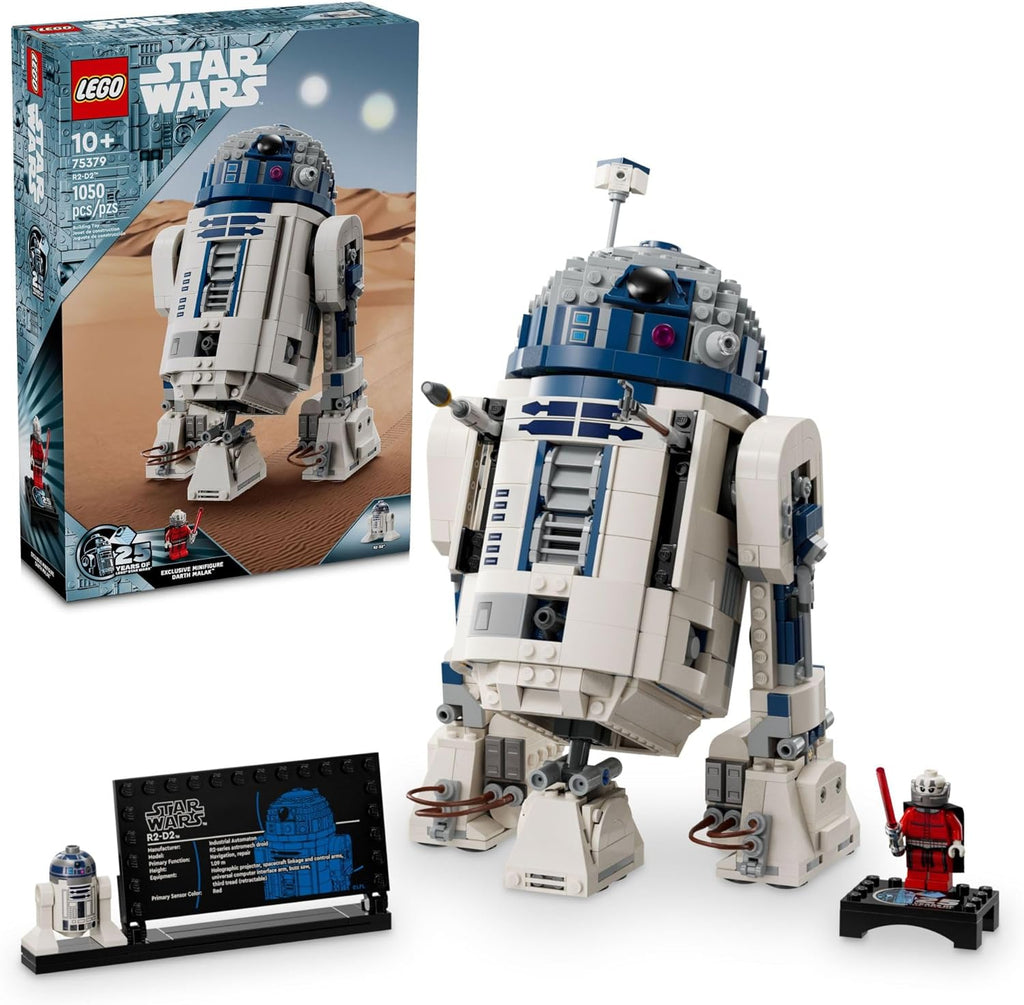 LEGO Star Wars R2-D2 set featuring detailed R2-D2 model with display stand and minifigures