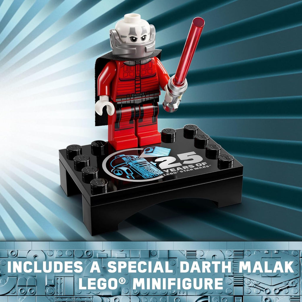 Darth Malak LEGO minifigure on a stand included in the LEGO Star Wars R2-D2 set with 25 years logo