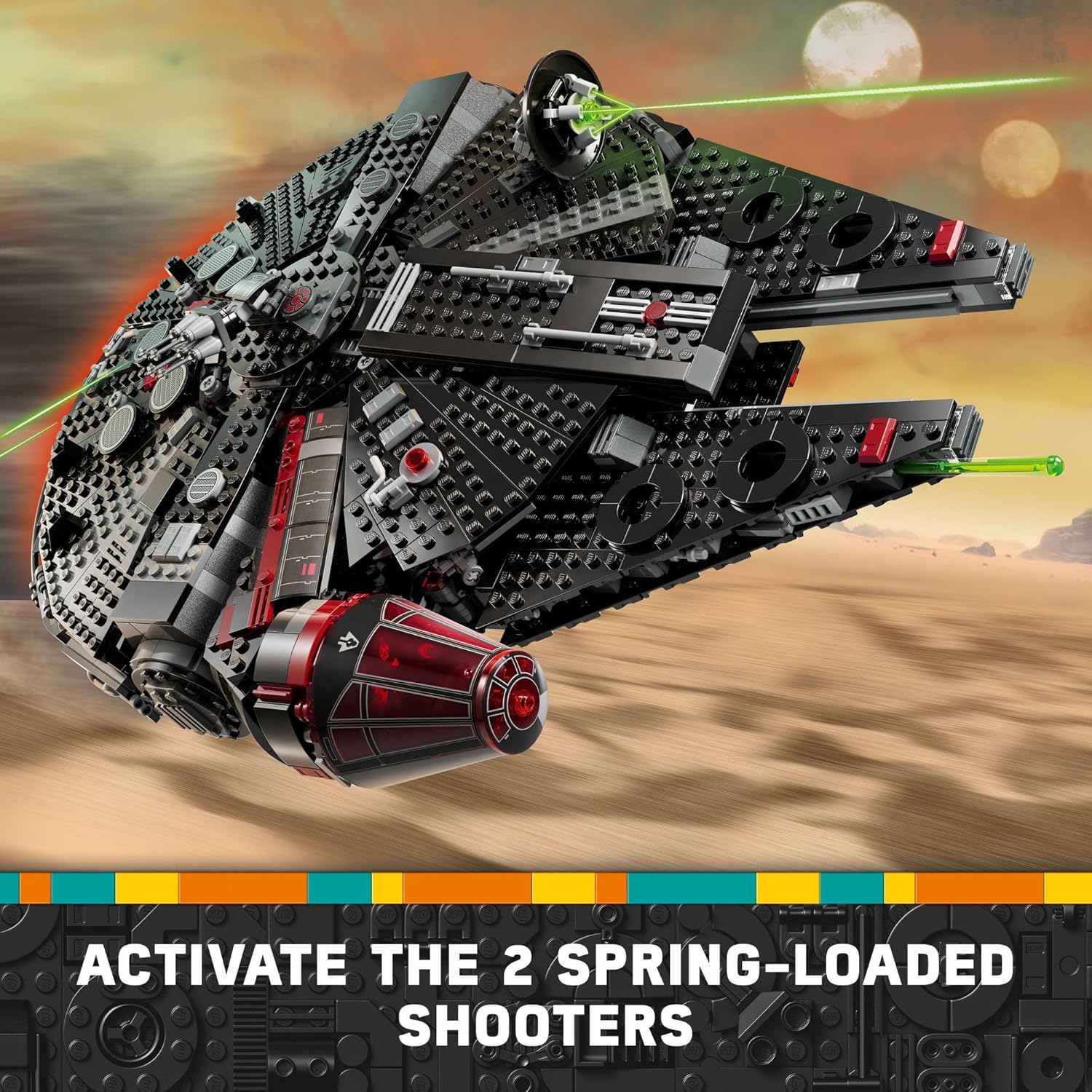 LEGO Star Wars The Dark Falcon set flying over desert landscape with activated spring-loaded shooters
