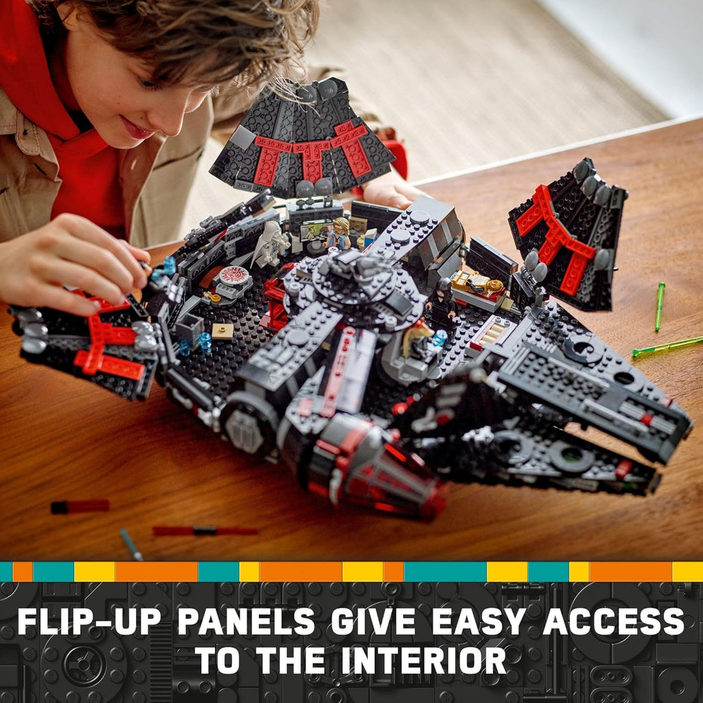 Child assembling LEGO Star Wars The Dark Falcon set with flip-up panels for interior access