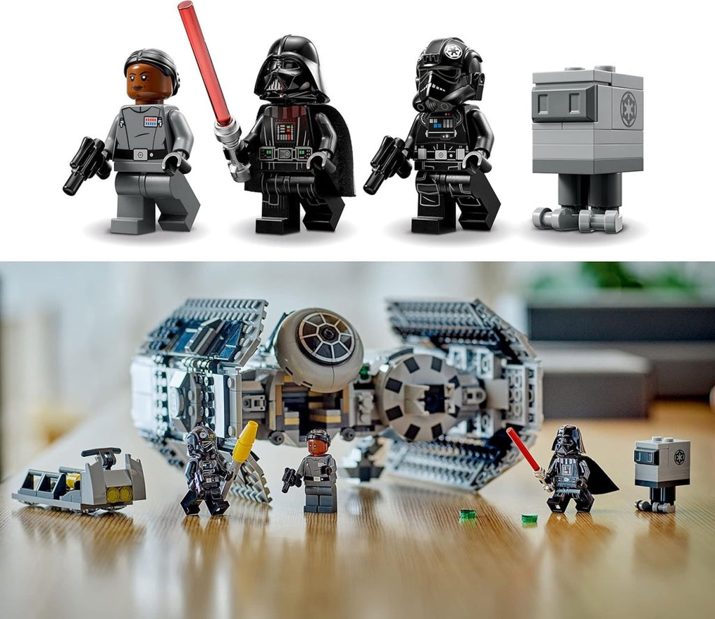 LEGO Star Wars TIE Bomber set with minifigures including Darth Vader and Imperial officers on wooden surface