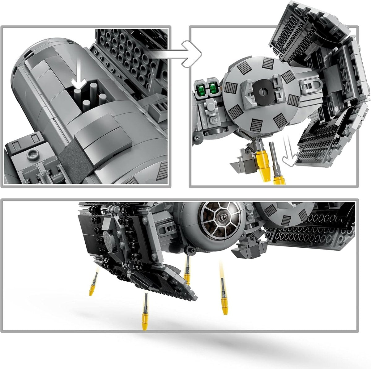 Close-up details of LEGO Star Wars TIE Bomber set showing missile launchers and wing mechanisms