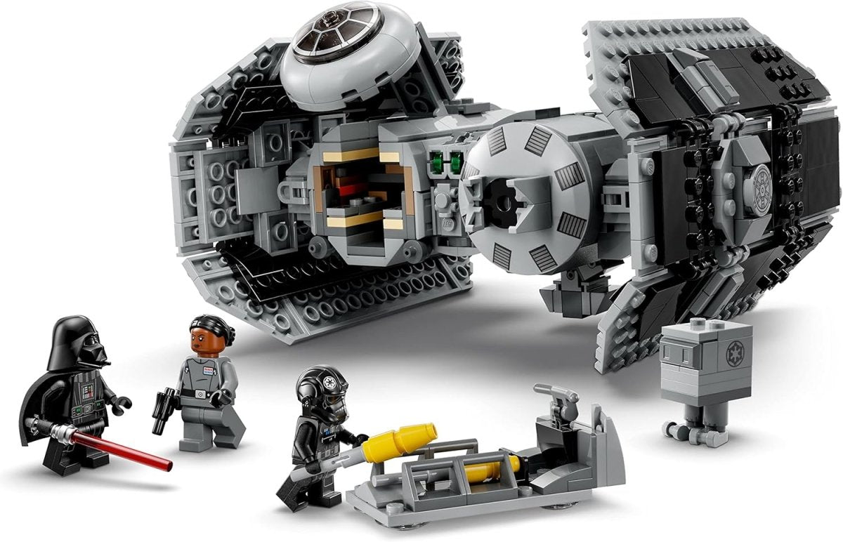 LEGO Star Wars TIE Bomber set with minifigures including Darth Vader and detailed spacecraft pieces