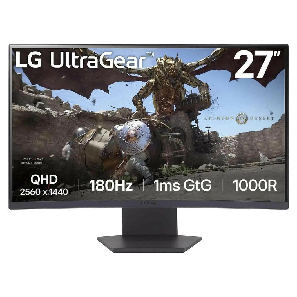 LG Ultragear 32 inch gaming monitor showing 27 inch display with QHD 2560x1440 resolution and 180Hz refresh rate