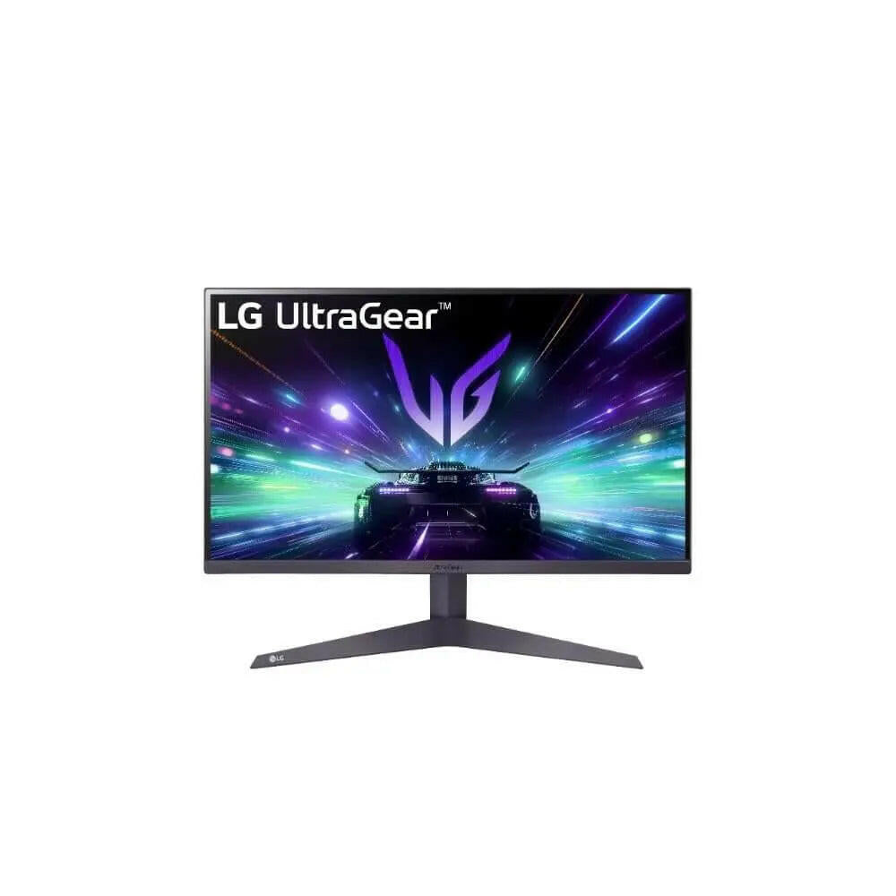 LG Ultragear 32 inch gaming monitor displaying vibrant racing game graphics on sleek black stand