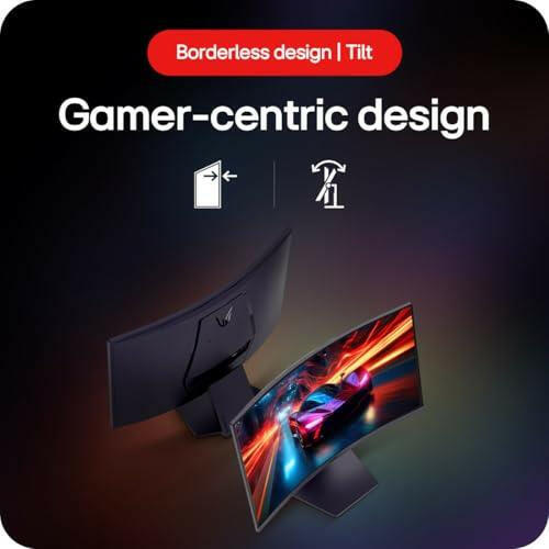 LG Ultragear 32 inch gaming monitor with borderless design and tilt feature showing a racing game