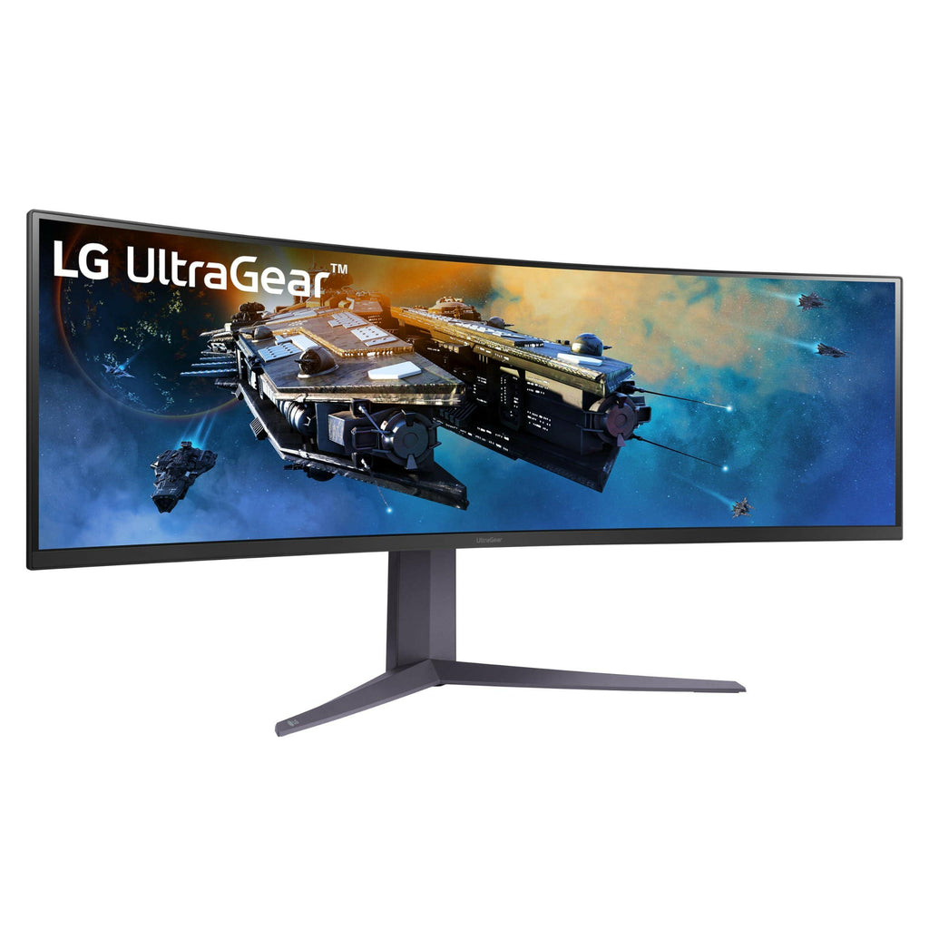 LG Ultragear 32 inch gaming monitor with ultra-wide curved screen displaying a space battle scene