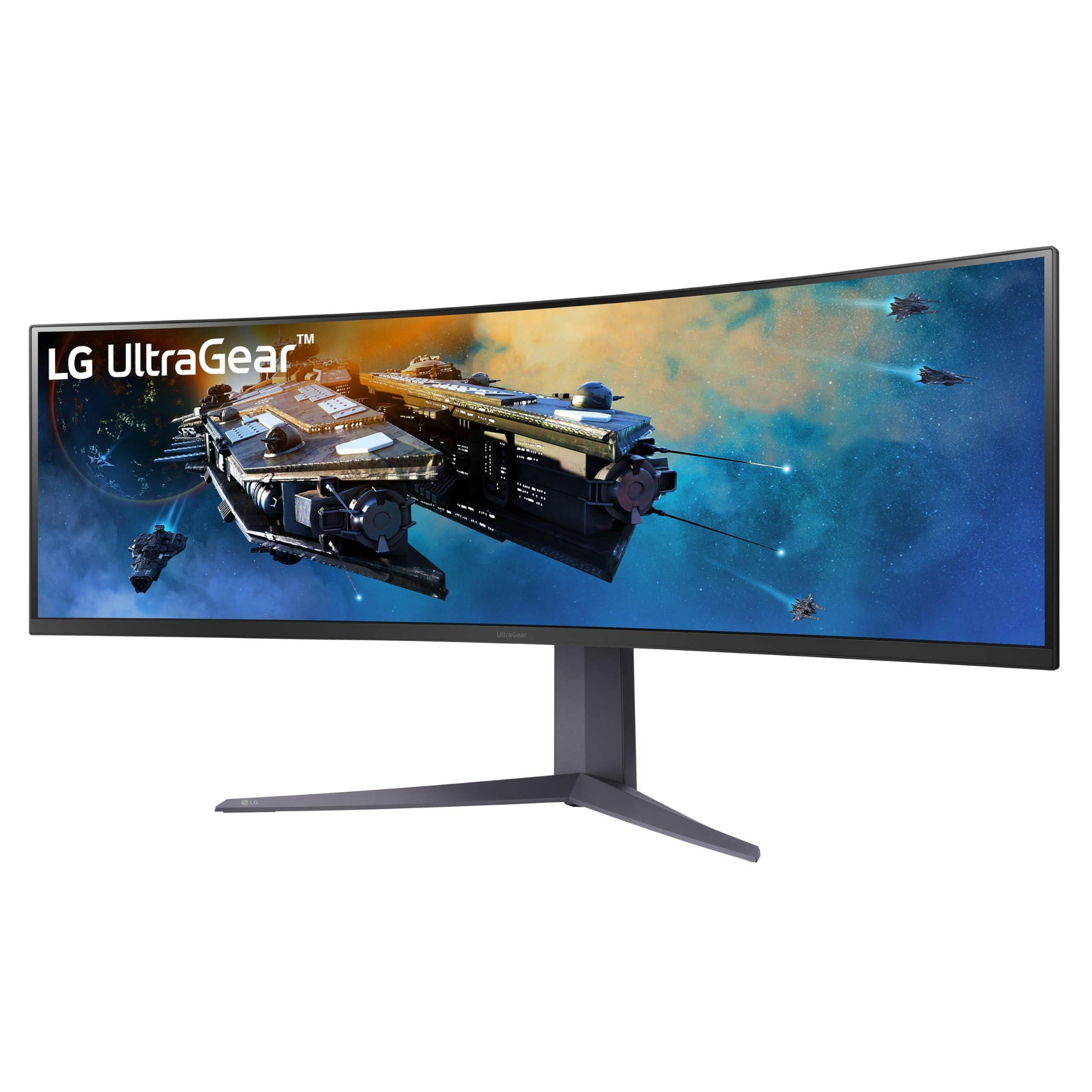 LG Ultragear 32 inch gaming monitor with curved ultra-wide screen displaying space battle scene