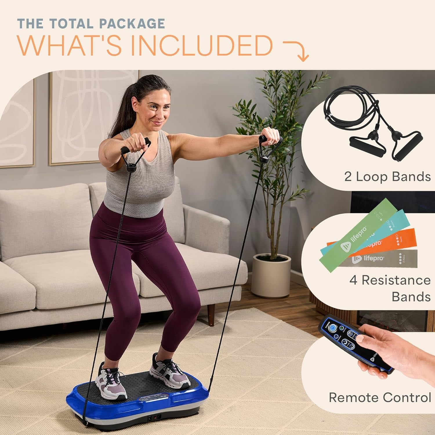Woman using craques vibration plate exercise machine with loop bands resistance bands and remote control