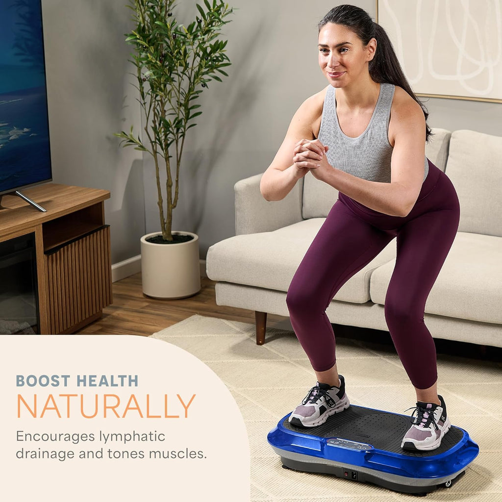 Woman using a blue vibration plate exercise machine by craques at home to boost health naturally