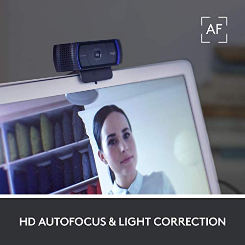 Logitech C920x HD Pro Webcam mounted on laptop displaying woman with HD autofocus and light correction
