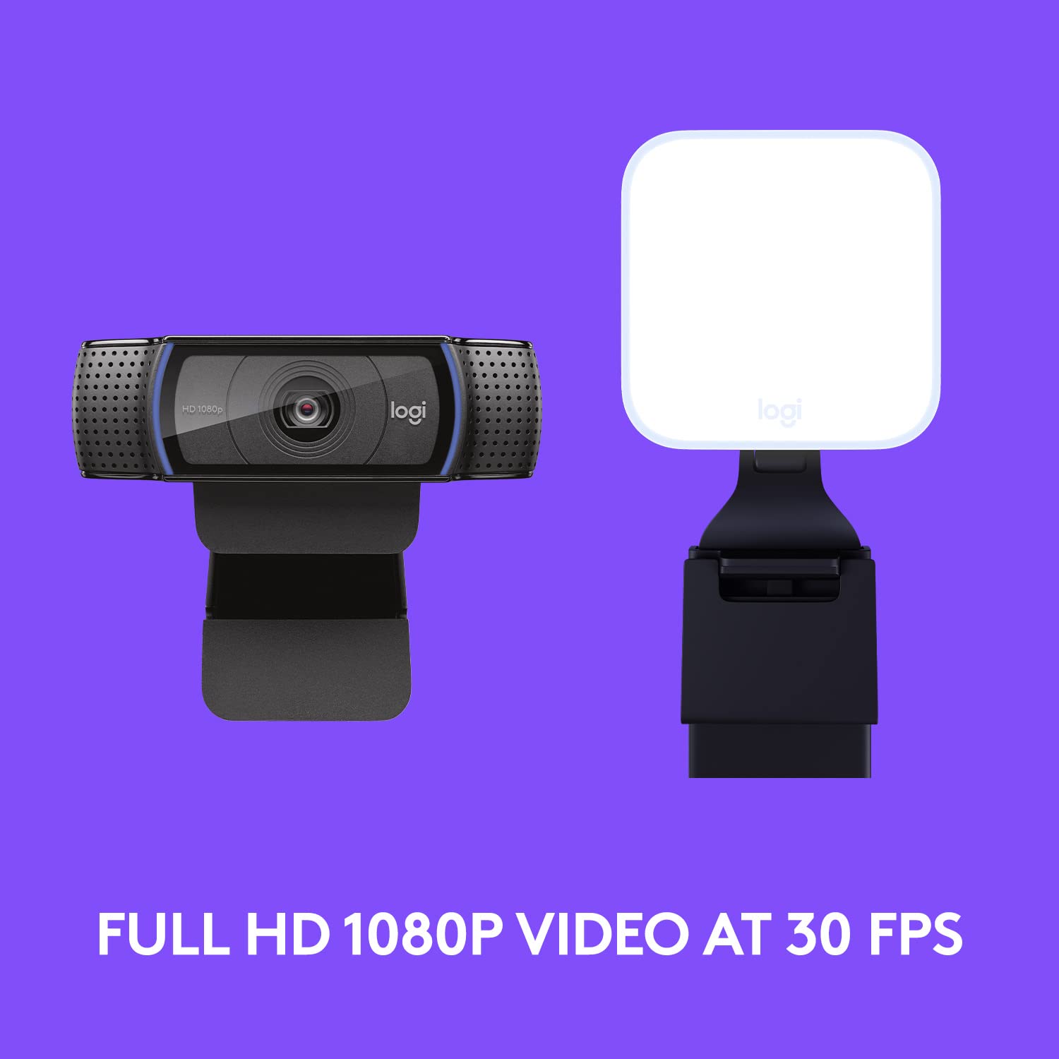 Logitech C920x HD Pro Webcam front view with built-in mic and clip on purple background